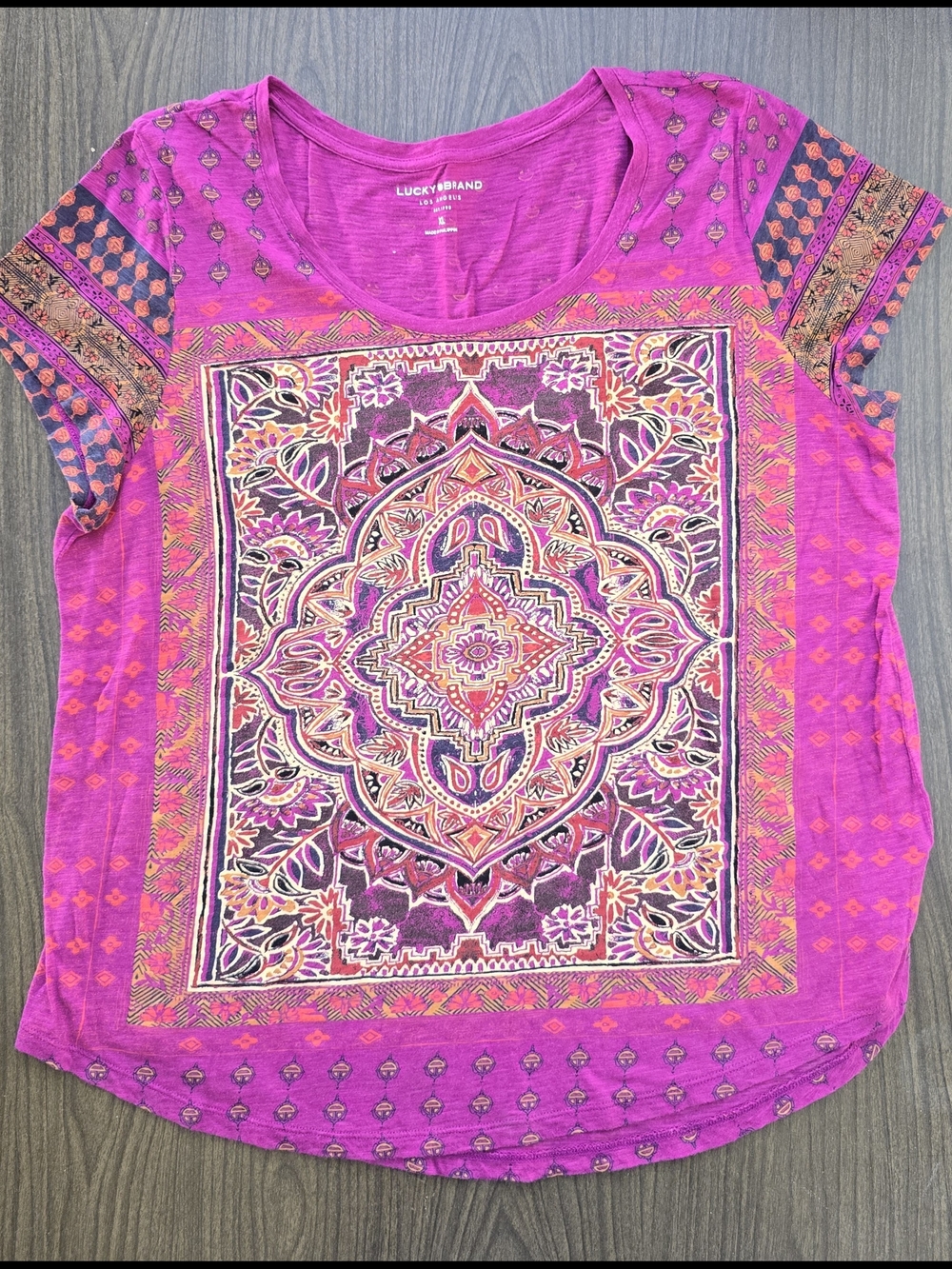 Lucky Brand Women's Pink Mandala Boho Short-Sleeve Tee XL